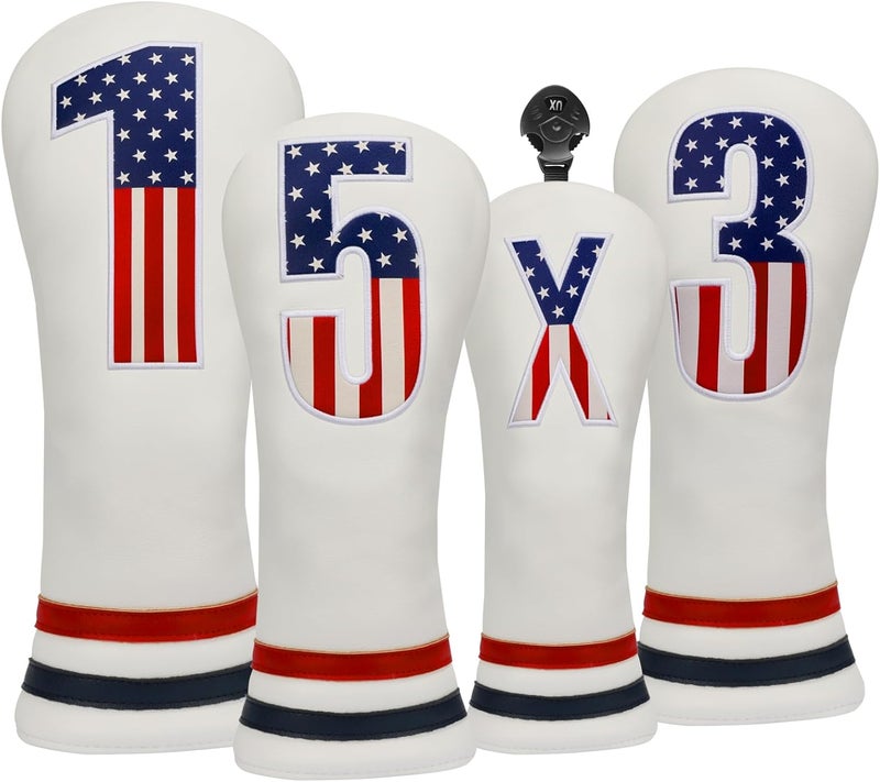 PONADA Golf Head Covers, 4pcs or 1pc USA Stars and Stripes Golf Club Covers for Woods and Driver Fairway Hybrid, PU Leather Golf Club Head Covers for Men Women with Interchangeable Tags, Fits Most Golf Clubs - Image 1
